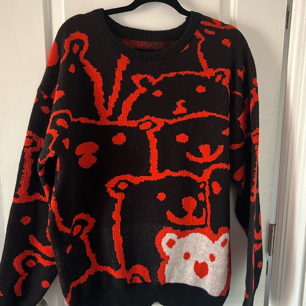 NWOT Men’s Red/Black/White Teddy Bear Printed Sweater
